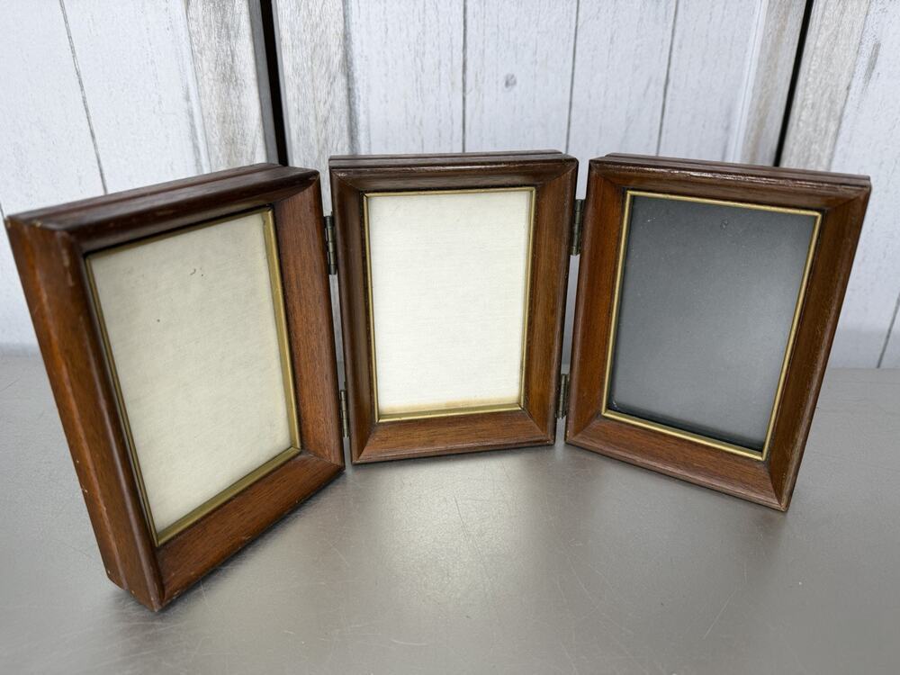 Vintage Wood Collage Trio 3 Picture Frame MCM Dark Brown 13in X 5.75in